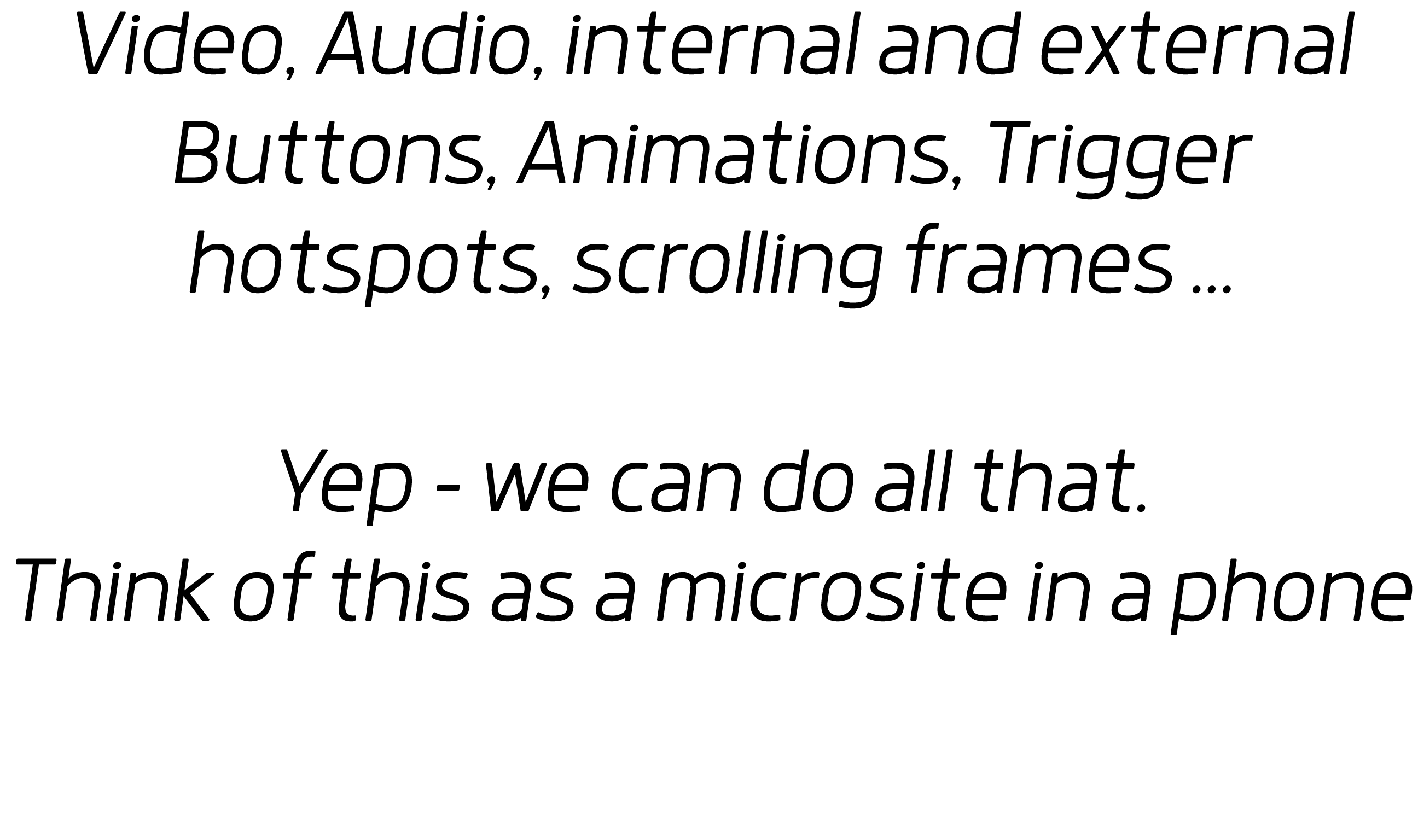 Video, Audio, internal and external Buttons, Animations, Trigger hotspots, scrolling frames     Yep - we can do all t   