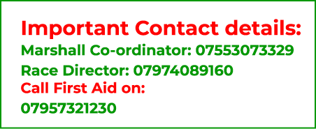 Important Contact details: Marshall Co ordinator: 07553073329 Race Director: 07974089160 Call First Aid on: 07957321230