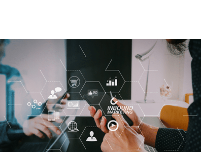 Inbound marketing business with virtual diagram dashboard and Online or permission market concept co working team meeting concept,businessman using smart phone and digital tablet and laptop computer in modern office                                